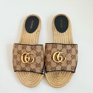 Gucci Marmont GG Espadrille Flat Slide Sandals Beige Canvas EU 37.5 US 7.5